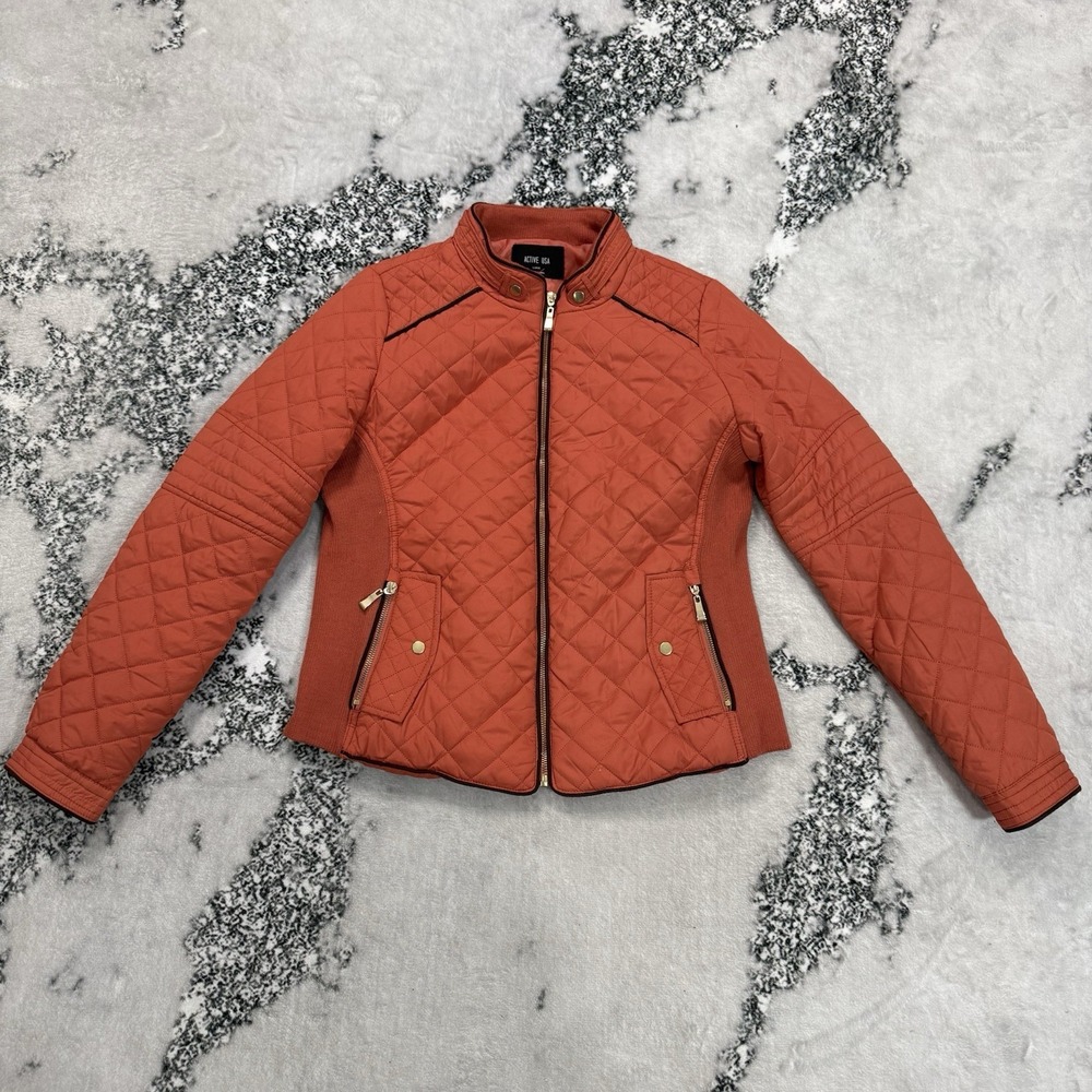 Active USA Quilted Jacket Womens Size L Orange Moto Zip Front Lightweight Coat